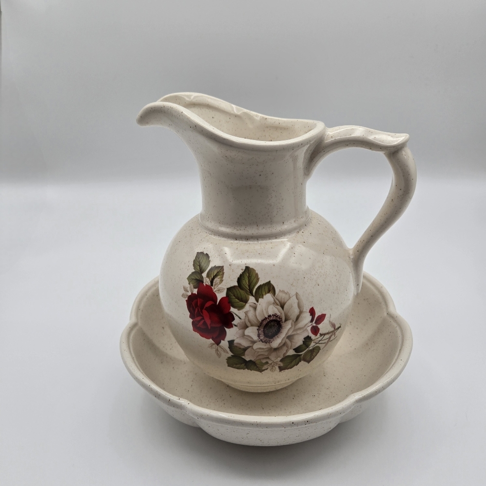 Vintage McCoy Pottery Pitcher Bowl Wash Basin Set 7528 Rose Floral Motif USA